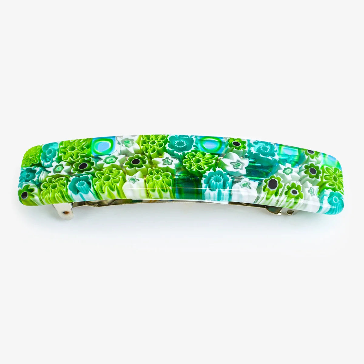 Colorful Millefiori Murano glass barrettes by My Italian Decor featuring intricate, vibrant glass bead designs for elegant hair styling.