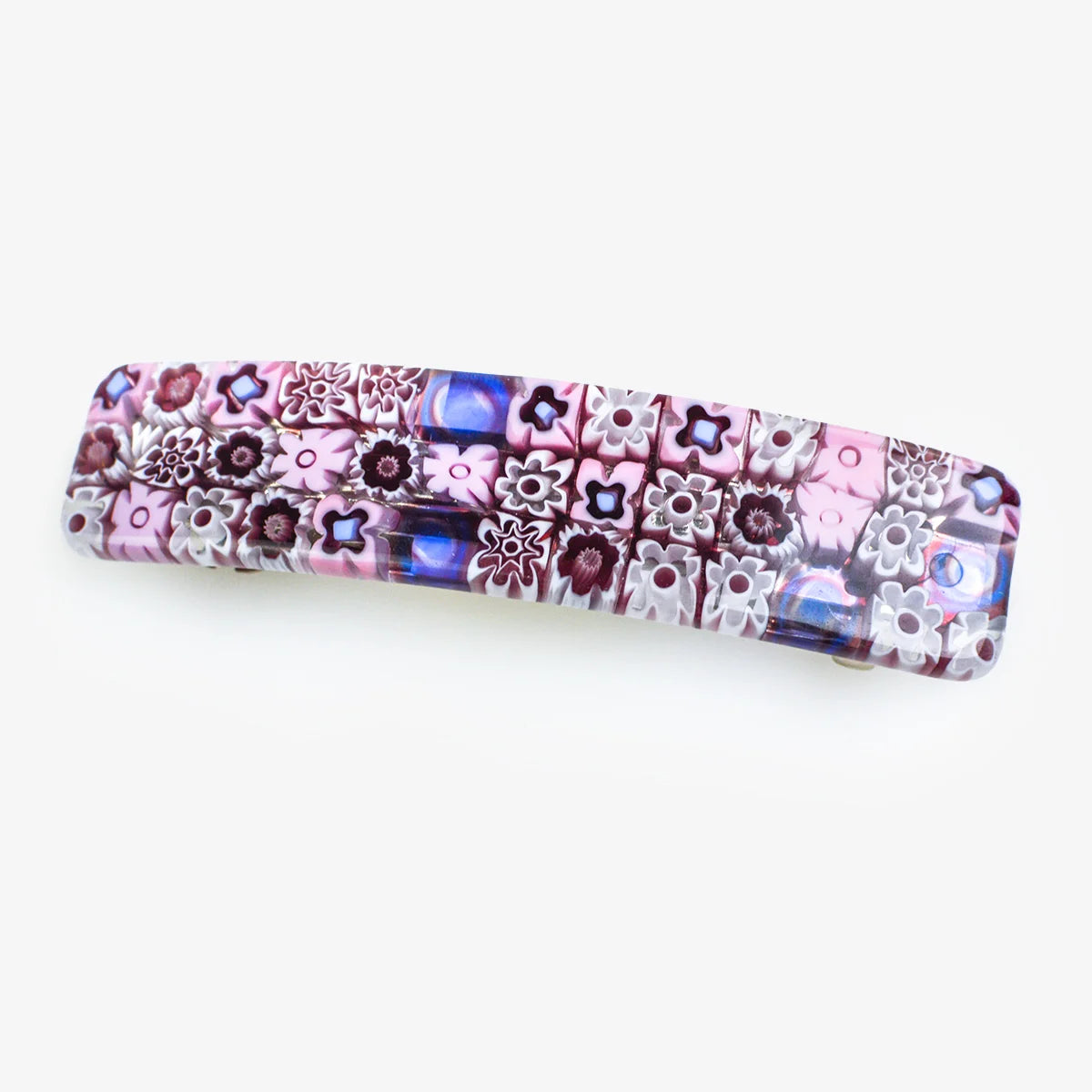 Millefiori Murano glass barrettes with colorful floral patterns, designed by My Italian Decor for elegant hair styling.