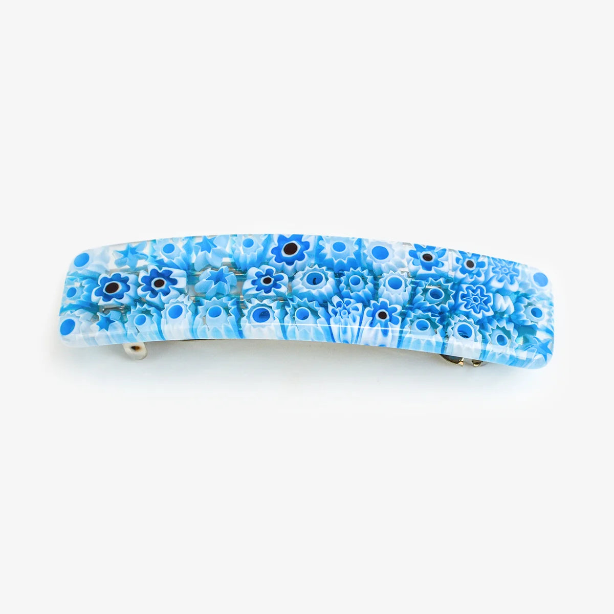 Colorful Millefiori Murano glass barrettes with intricate patterns, designed by My Italian Decor, perfect for elegant hair accessories.