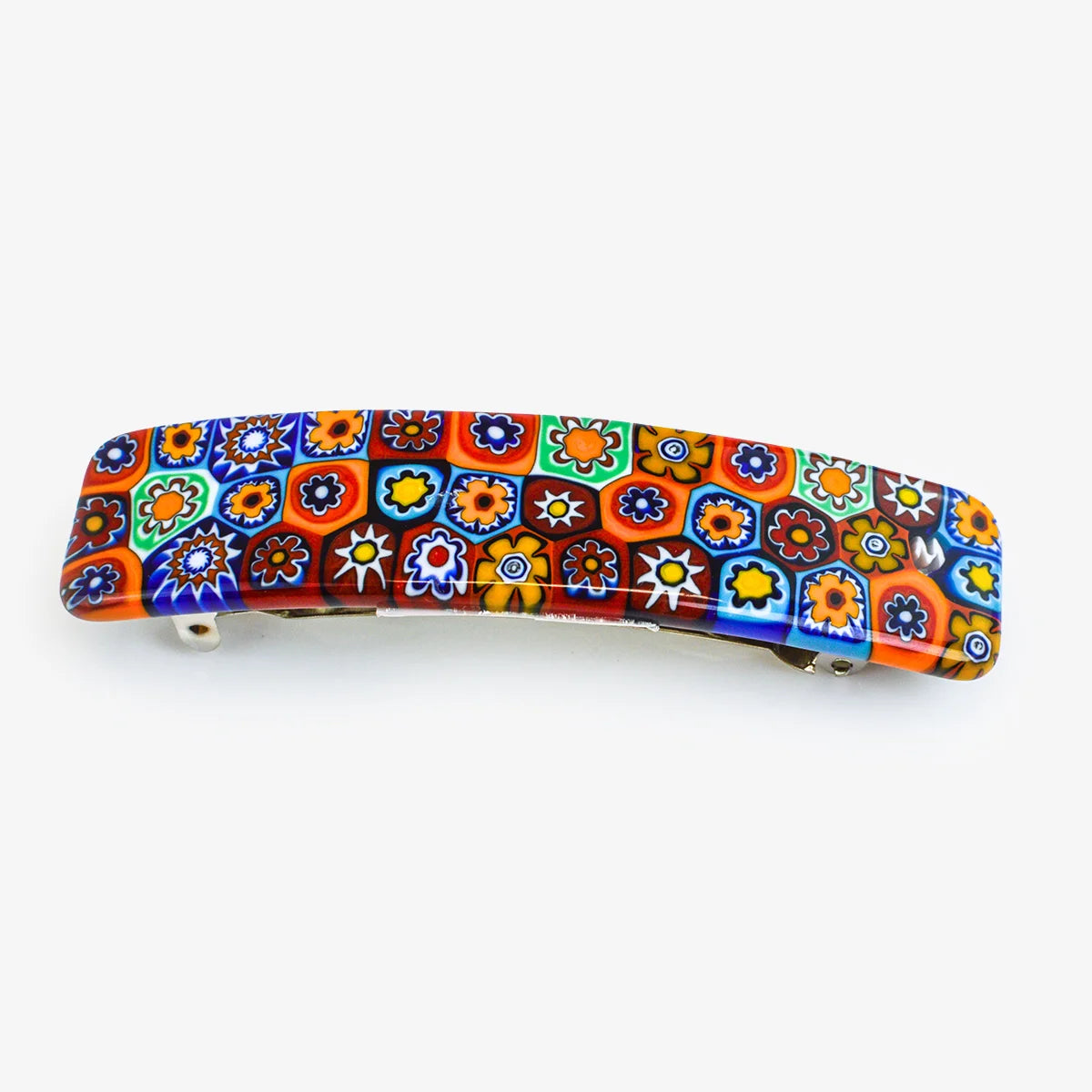 Colorful Millefiori Murano glass barrettes by My Italian Decor showcasing intricate glasswork and vibrant floral patterns.