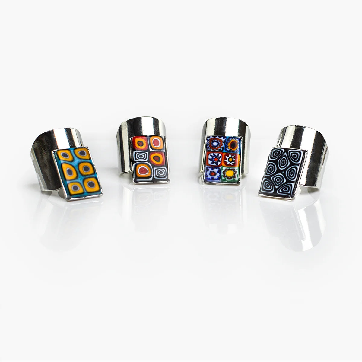 Adjustable Millefiori Murano glass ring with colorful floral patterns, handcrafted by My Italian Decor.