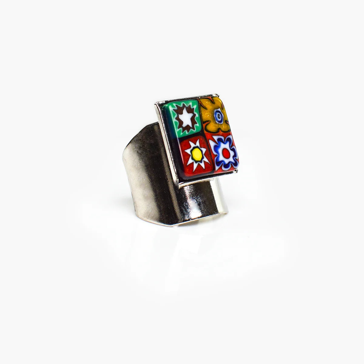 Adjustable Millefiori Murano glass ring with colorful floral patterns, handcrafted jewelry by My Italian Decor
