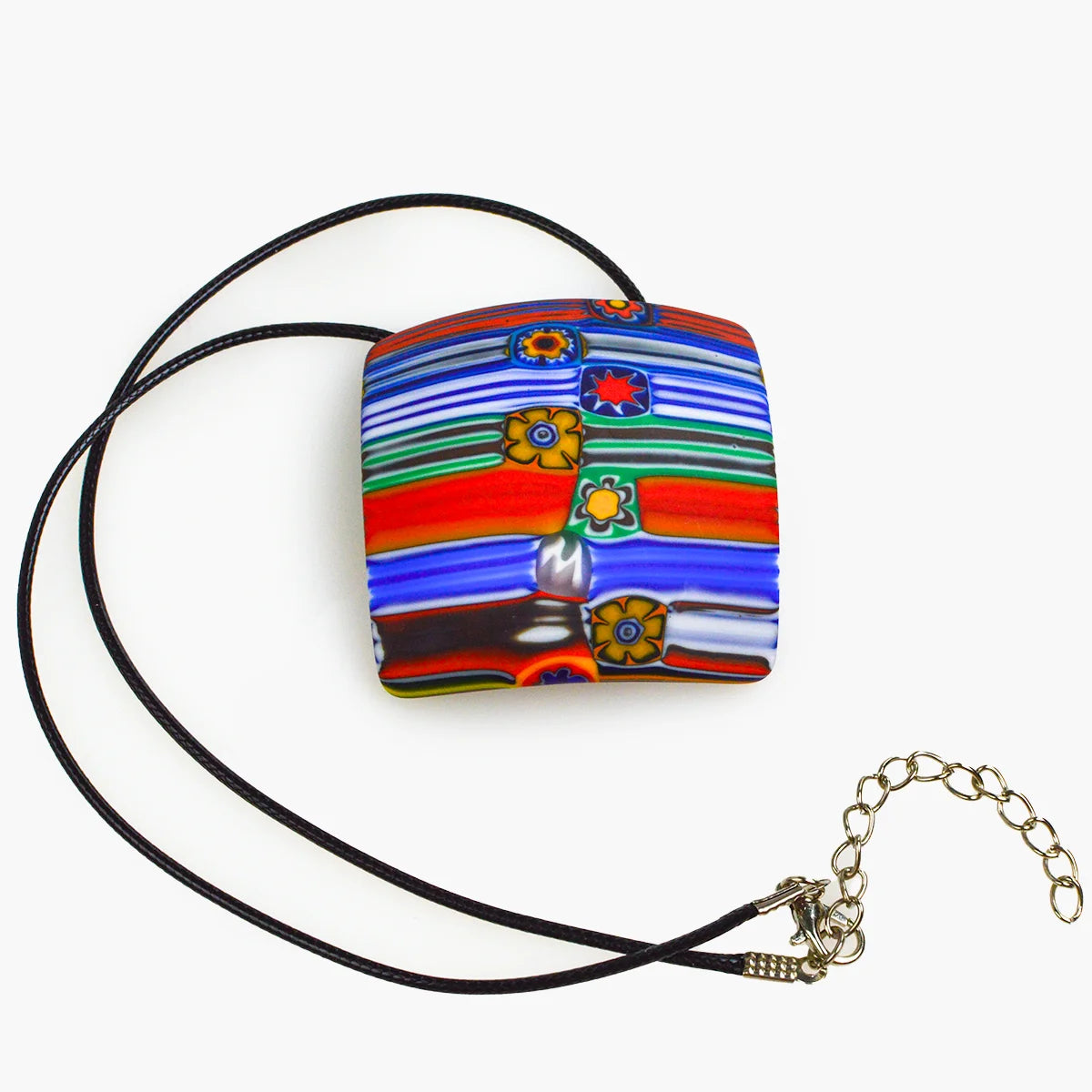 Large square Murano glass pendant charm from My Italian Decor, featuring vibrant colors and intricate glass craftsmanship.