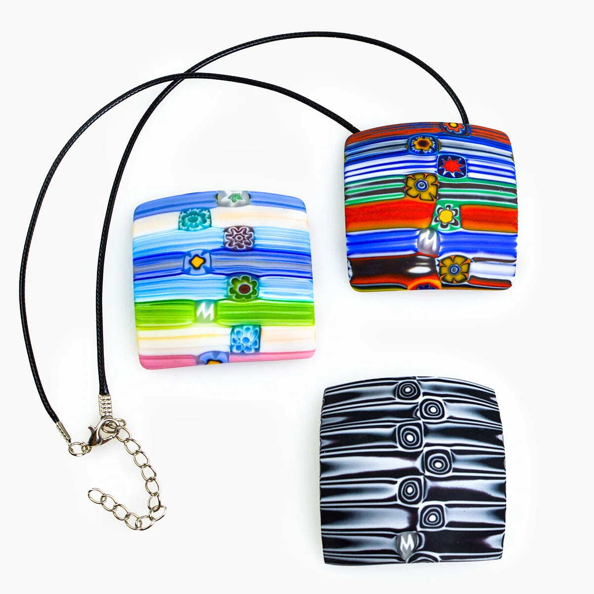 Large square Murano glass pendant charm by My Italian Decor, featuring vibrant colors and intricate glass craftsmanship.