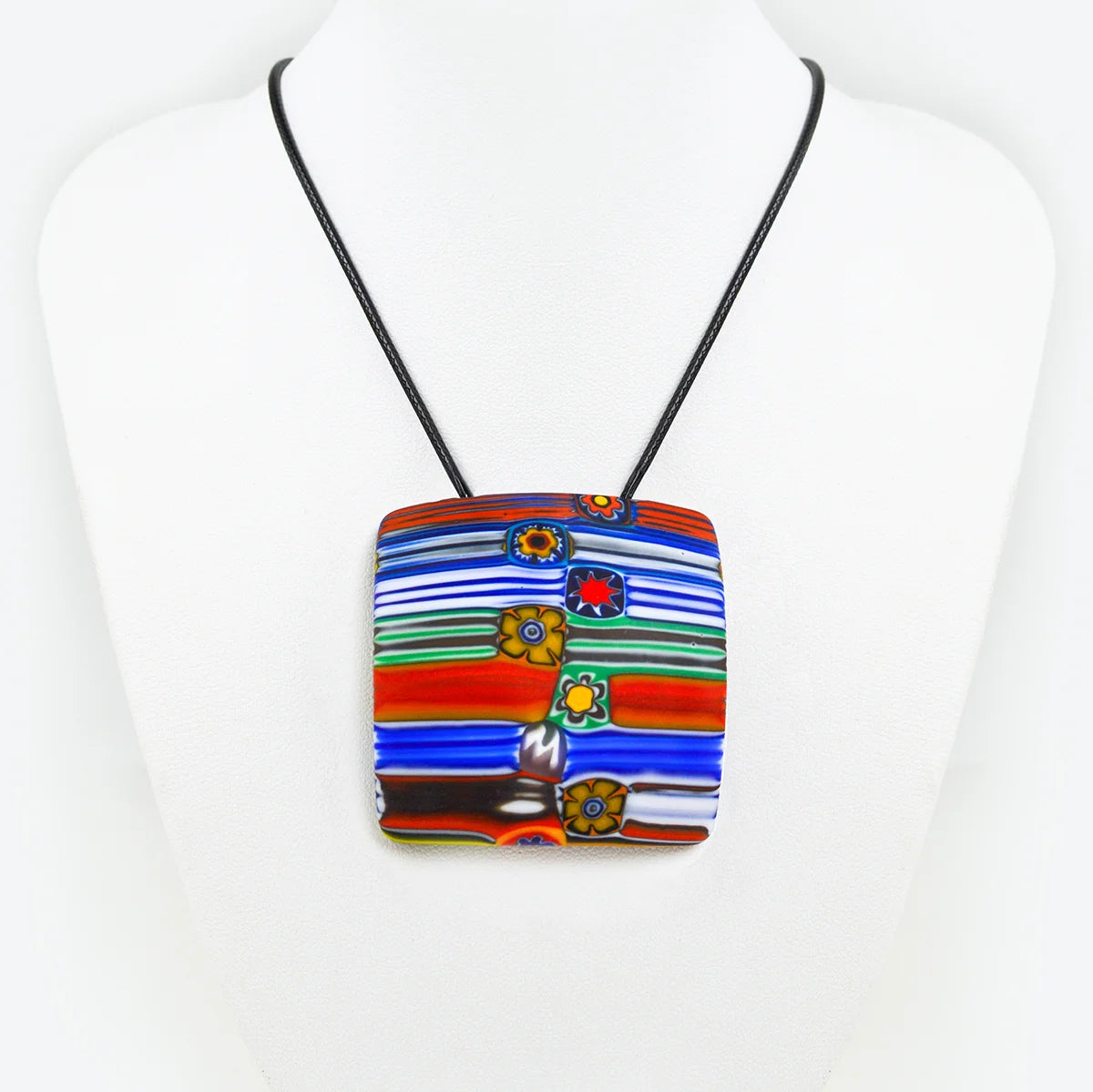 Large square Murano glass pendant charm featuring vibrant colors, crafted by My Italian Decor, perfect for jewelry or decorative use.