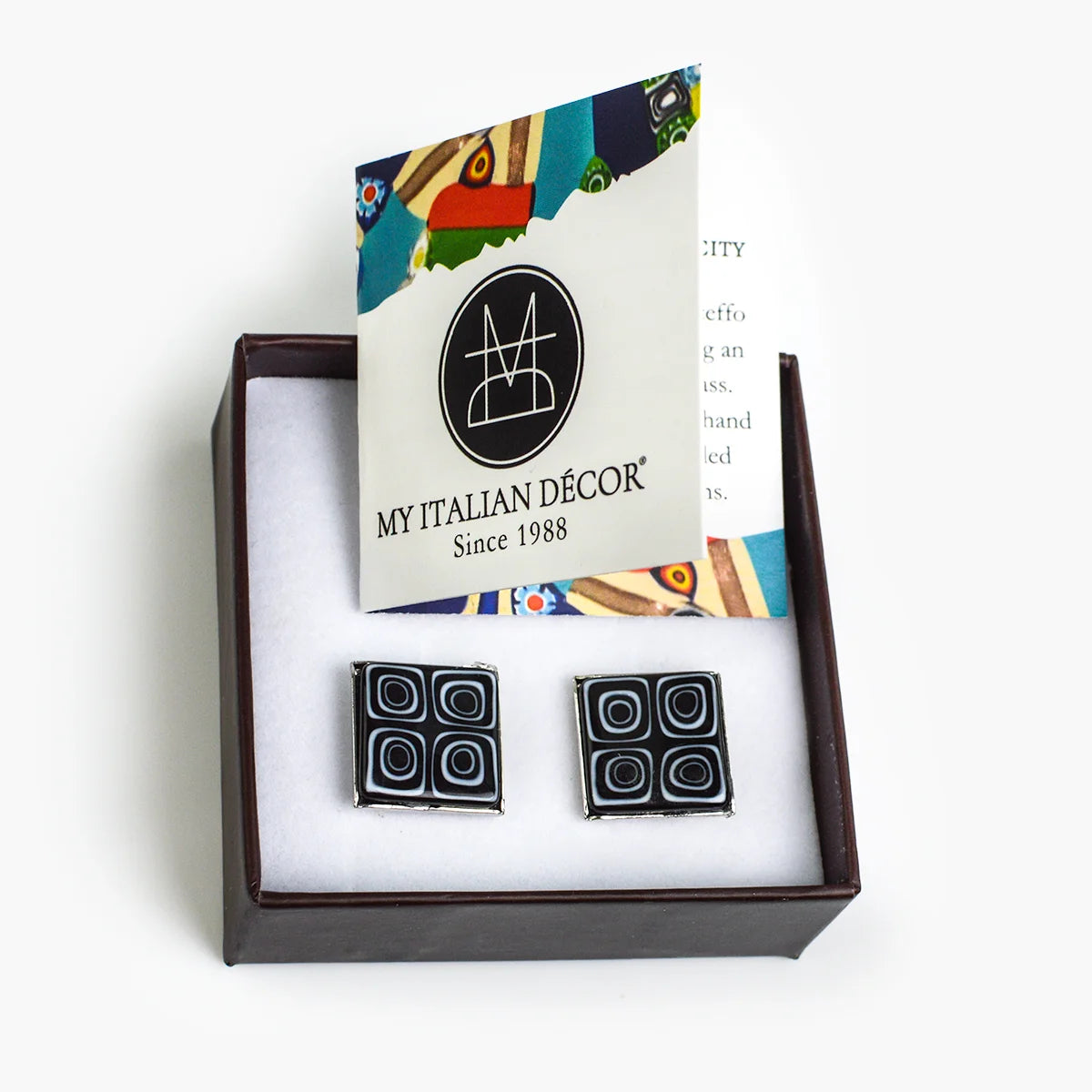 Murano glass cufflinks by My Italian Decor featuring colorful handcrafted glass and silver-tone metal accents for men.