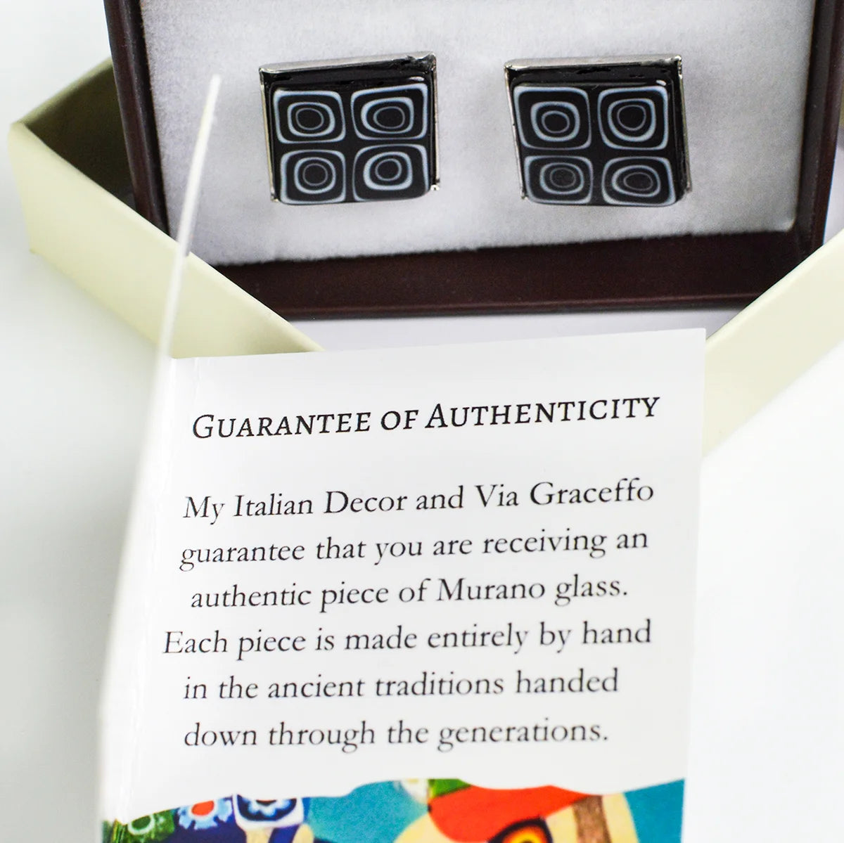Elegant Murano glass cufflinks by My Italian Decor featuring colorful, handcrafted glass designs for men's accessories.