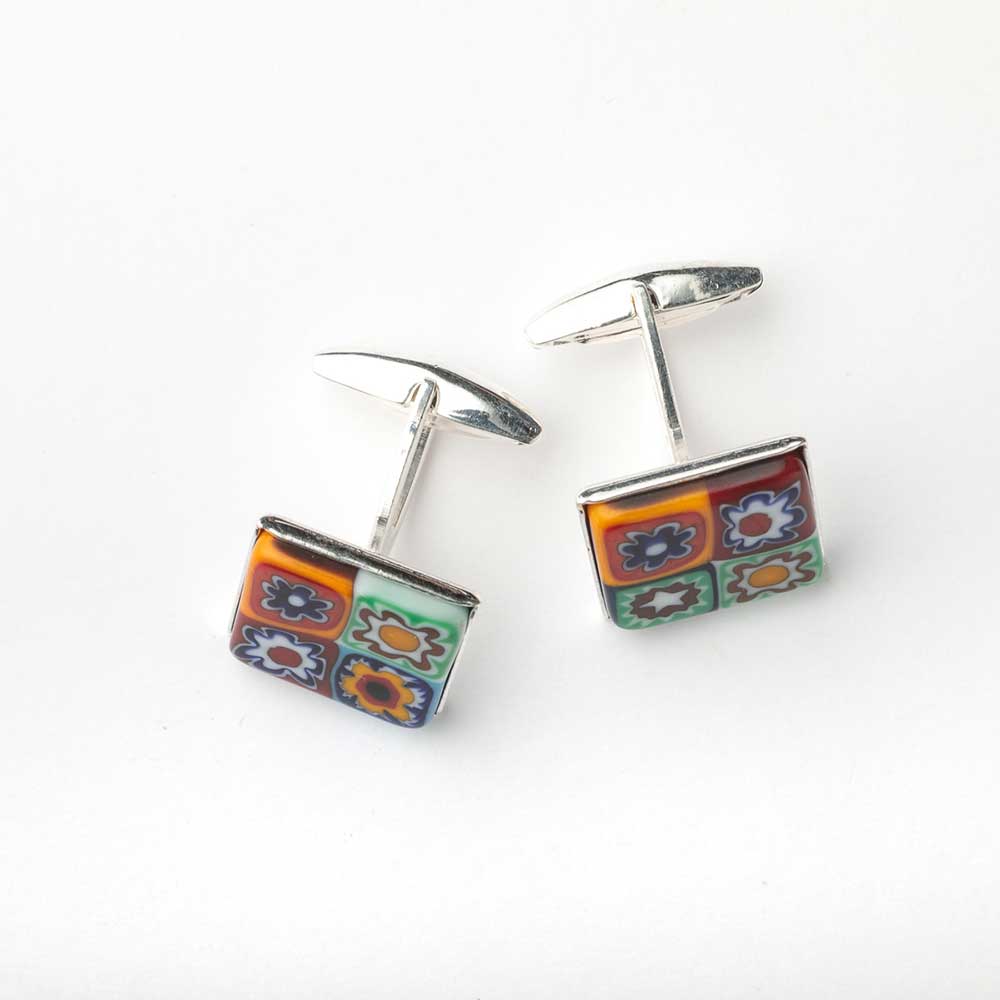Murano glass cufflinks from Ercole Moretti Garcon collection featuring colorful millefiori glass design for men.