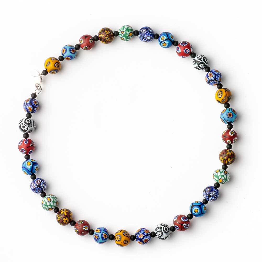 Elegant Murano glass bead necklace featuring round Millefiori beads from the Ercole Moretti Venetian collection.