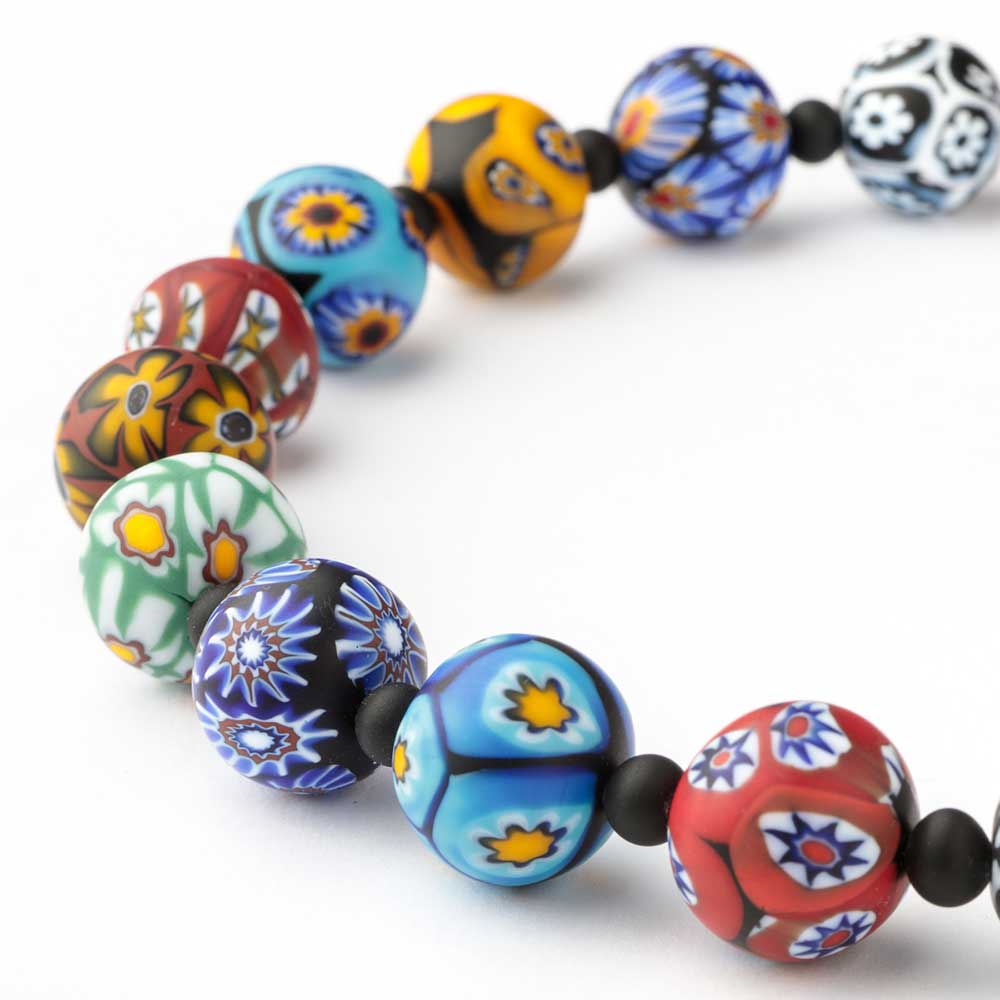 Venetian Murano glass bead necklace featuring colorful round Millefiori beads from the Ercole Moretti Venetian collection.