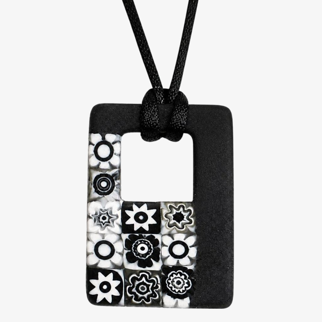 Rectangular black and Millefiori pendant charm by My Italian Decor featuring intricate glass designs and a sleek pendant shape.