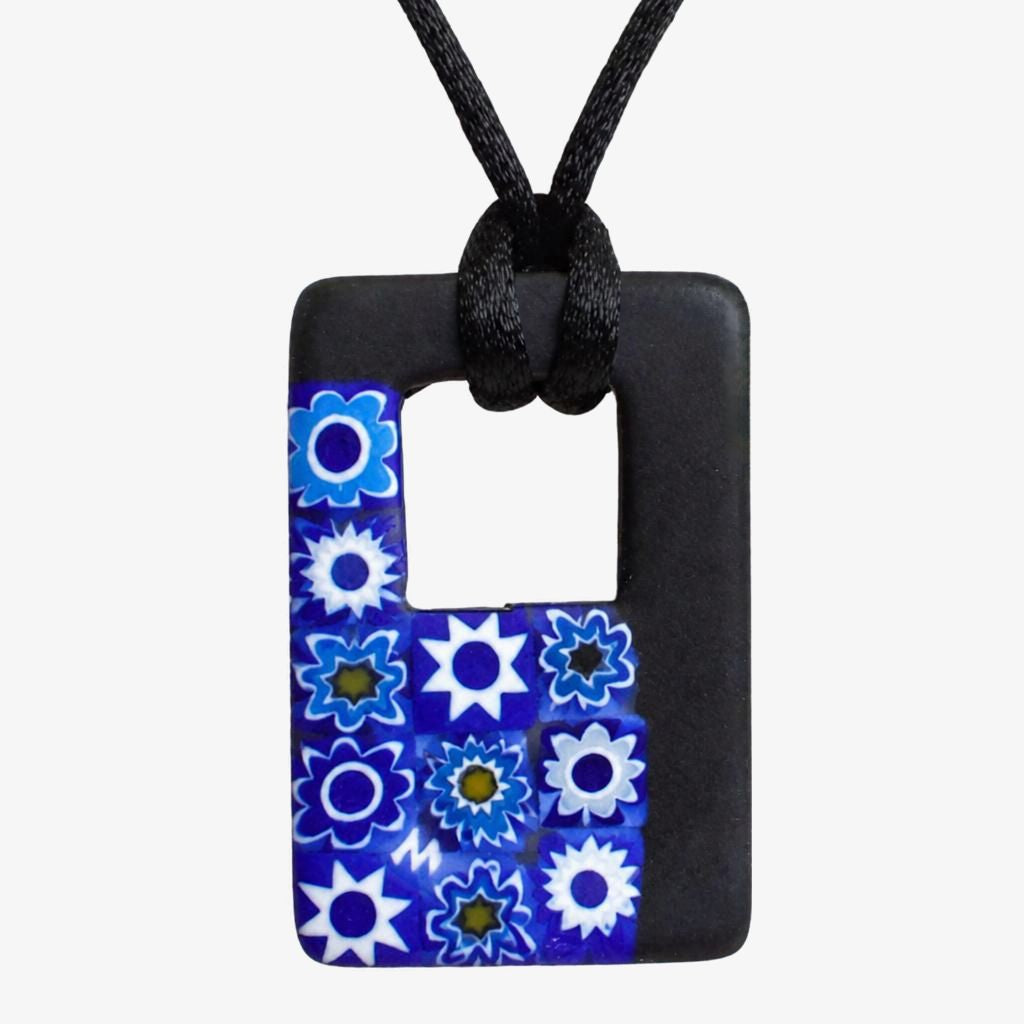 Rectangular black and Millefiori pendant from My Italian Decor, featuring colorful glass floral designs, ideal for charms and jewelry.