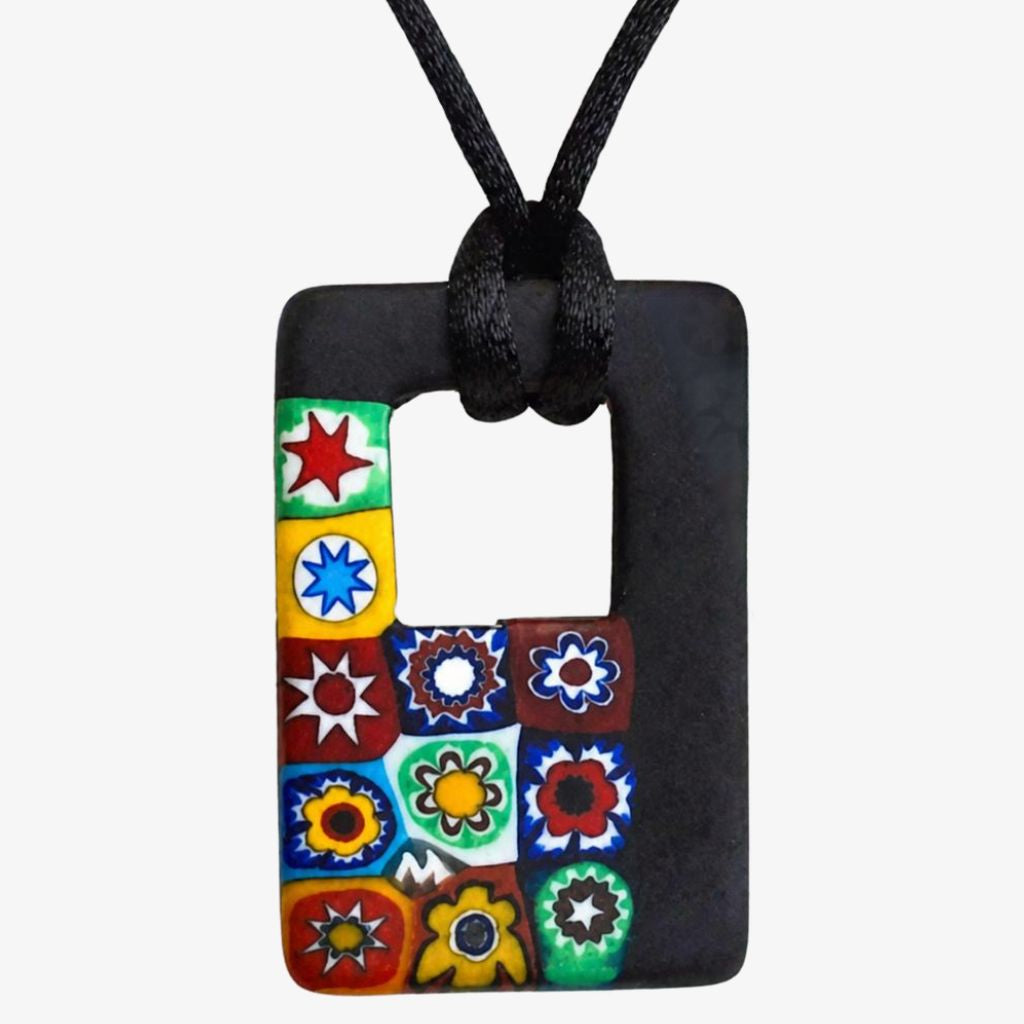 Rectangular black and millefiori floral pendant by My Italian Decor, showcasing colorful glass charm with intricate floral design.