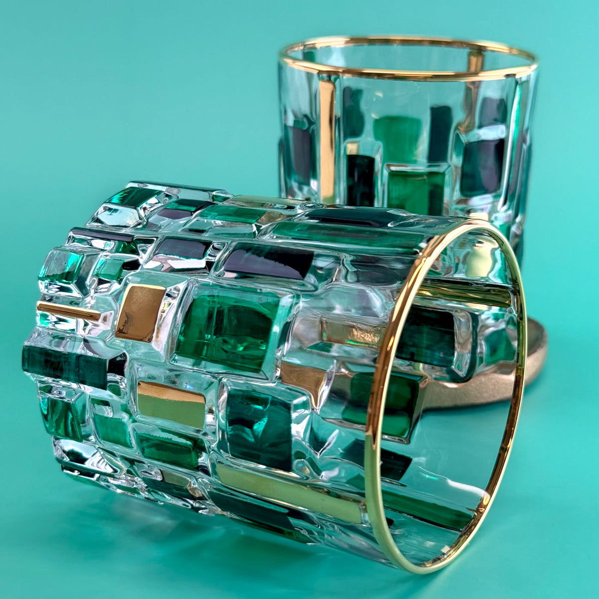 Etna Hand Painted Italian Crystal Decanter, Glasses, Green/Gold