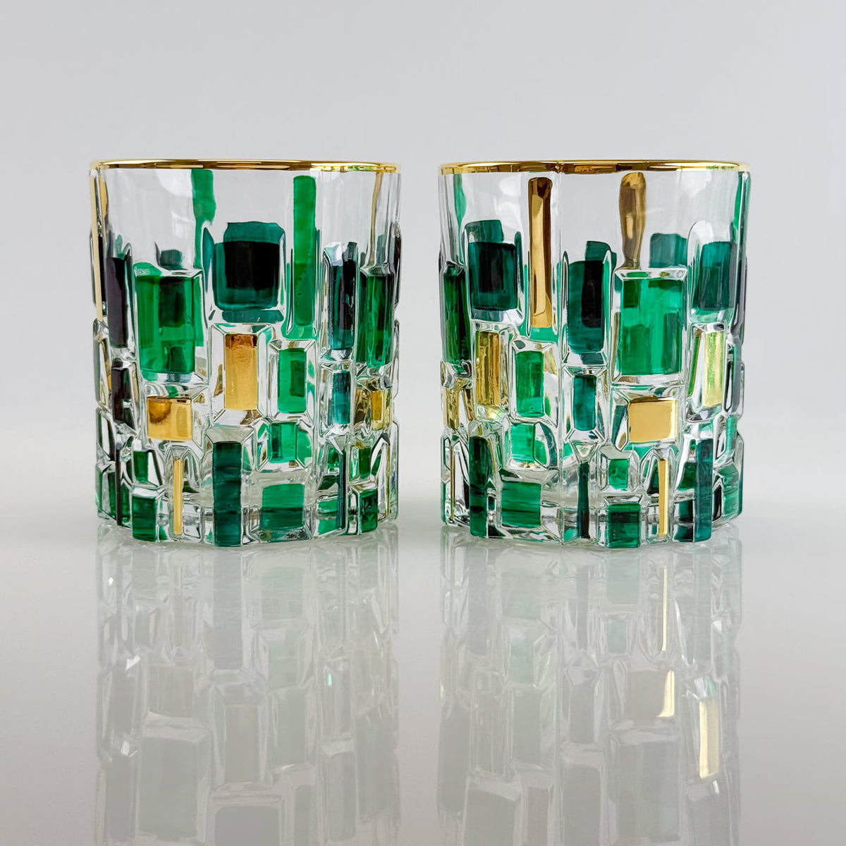 Etna Hand Painted Italian Crystal Decanter, Glasses, Green/Gold