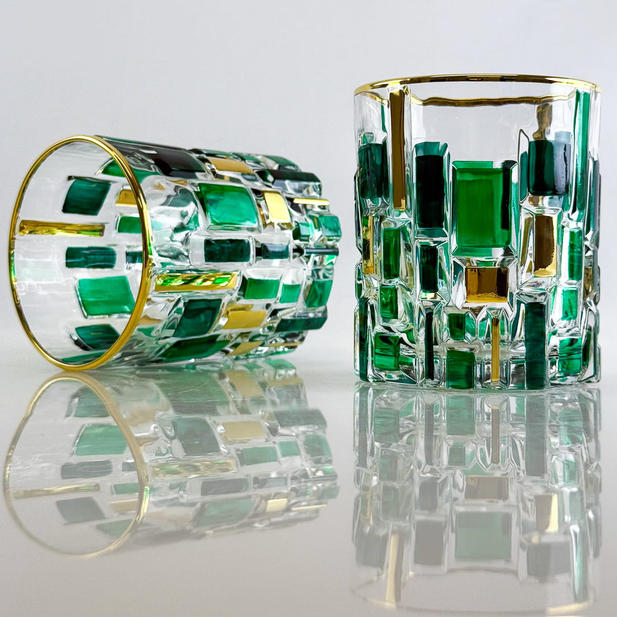 Etna Hand Painted Italian Crystal Decanter, Glasses, Green/Gold