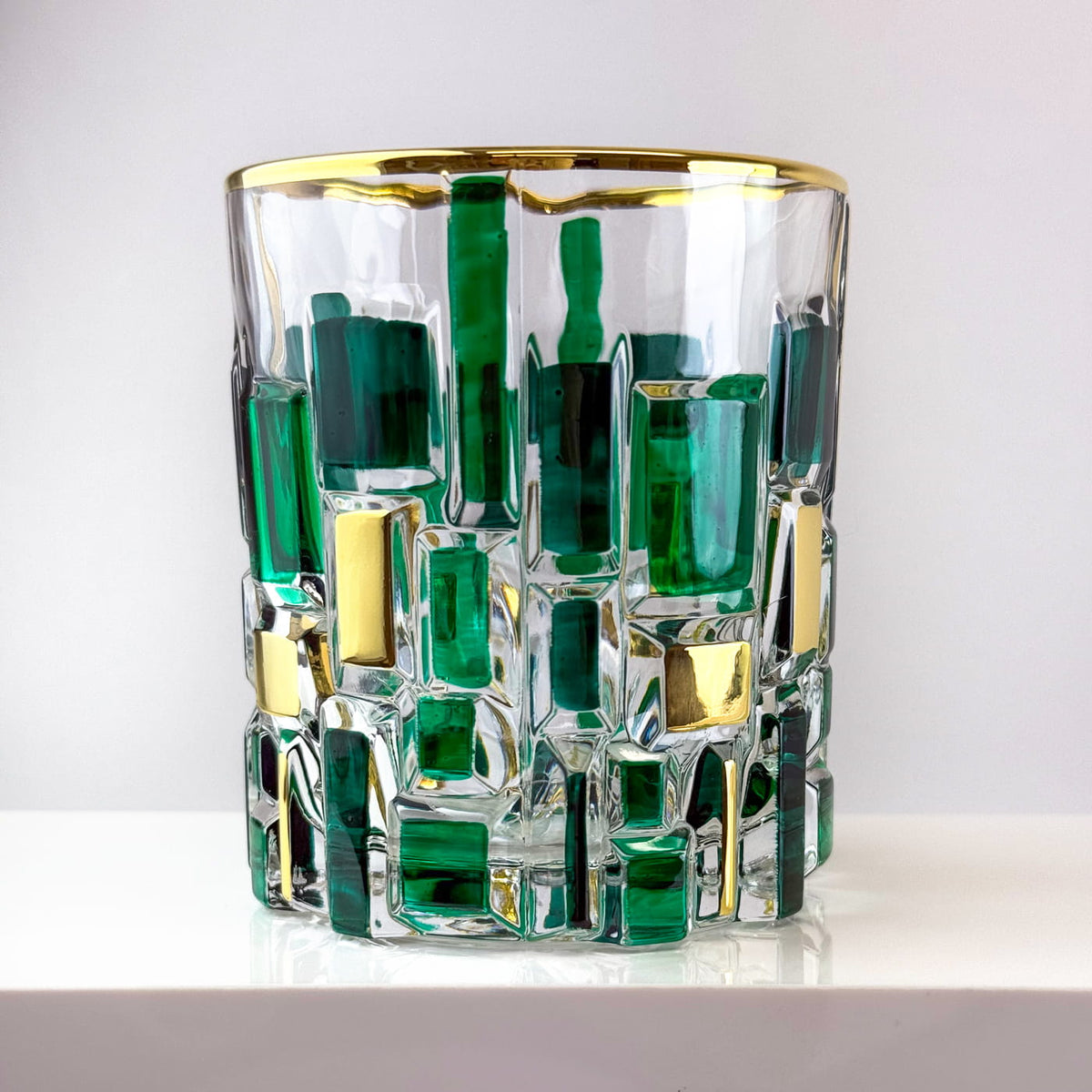 Etna Hand Painted Italian Crystal Decanter, Glasses, Green/Gold