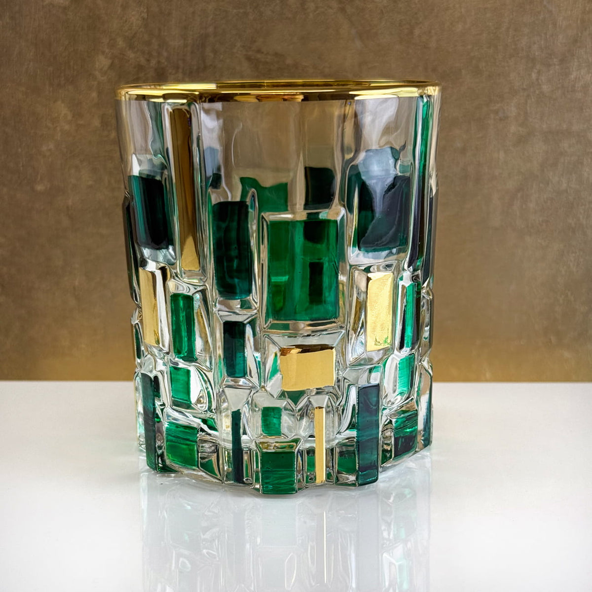 Etna Hand Painted Italian Crystal Decanter, Glasses, Green/Gold