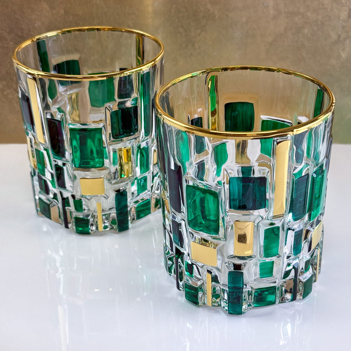 Etna Hand Painted Italian Crystal Decanter, Glasses, Green/Gold