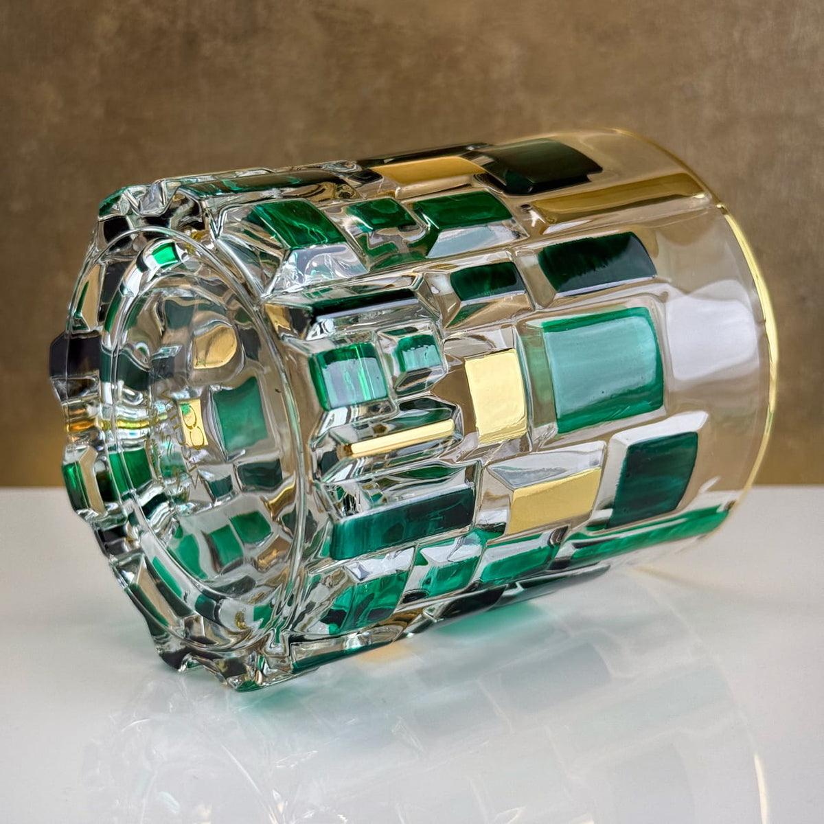 Etna Hand Painted Italian Crystal Decanter, Glasses, Green/Gold