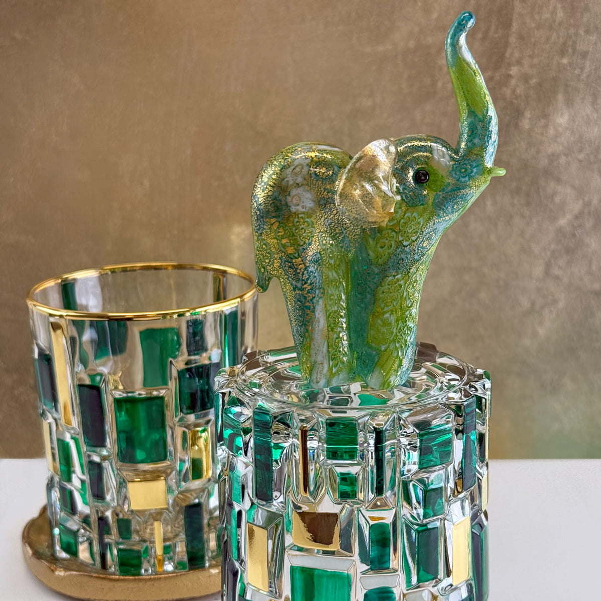 Etna Hand Painted Italian Crystal Decanter, Glasses, Green/Gold