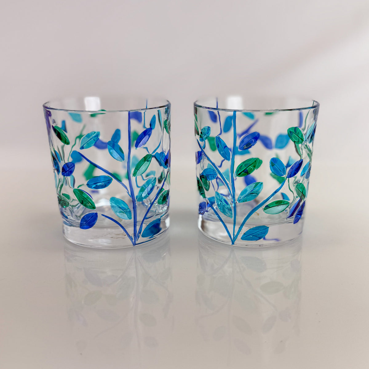 Set of 2 Short Drink Glasses, Flowervine, Blue Green, Made in Italy - My Italian Decor