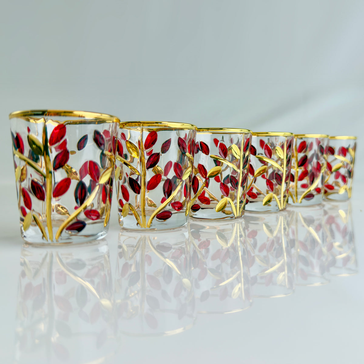 Set of 6 Shot Glasses in Red, Platinum &amp; Gold Shot, Flowervine