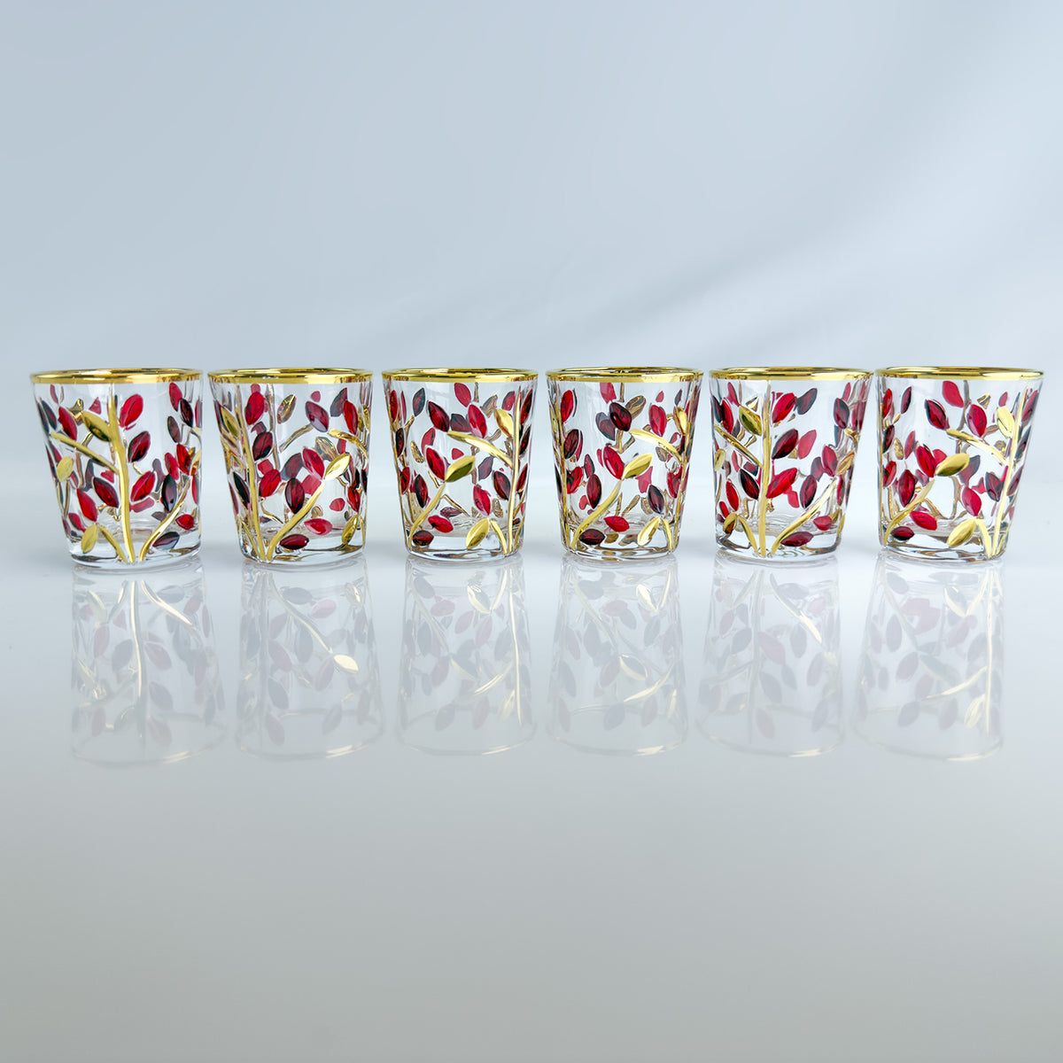Set of 6 Shot Glasses in Red, Platinum &amp; Gold Shot, Flowervine