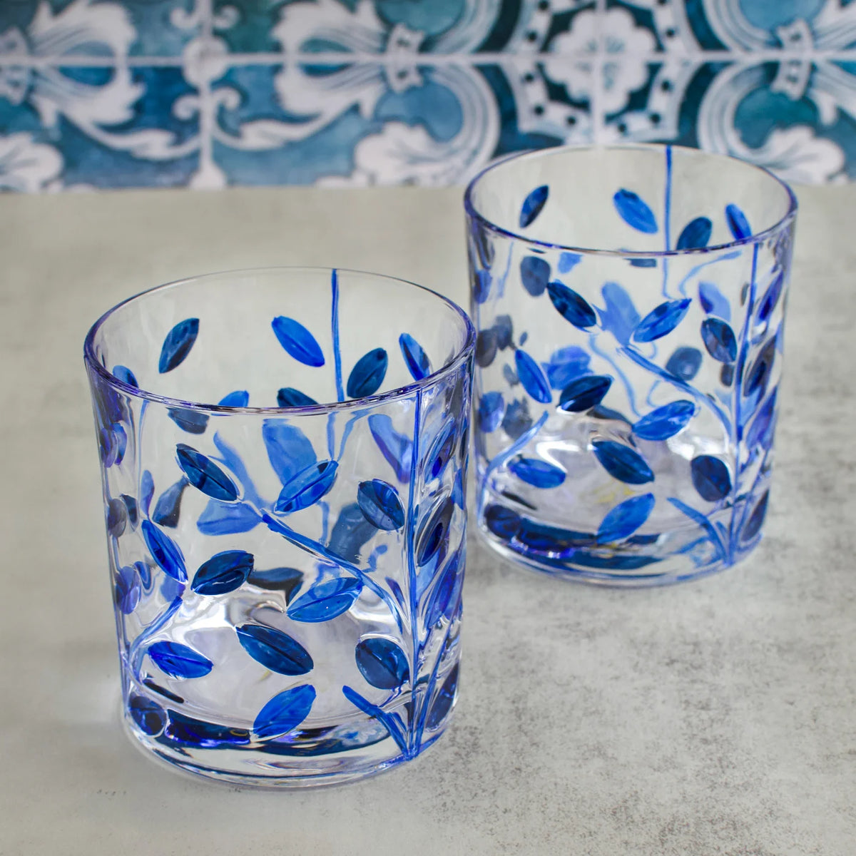 Hand-Painted Italian Crystal Flowervine flower design Short Drink Glasses, Sapphire Blue.