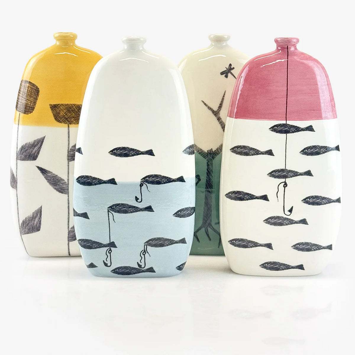 Hand-Painted Fables Ceramic Bottle Vases, Made in Naples