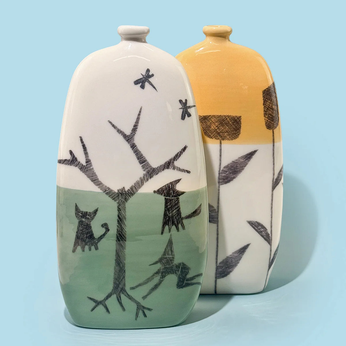 Hand-Painted Fables Ceramic Bottle Vases, Made in Naples