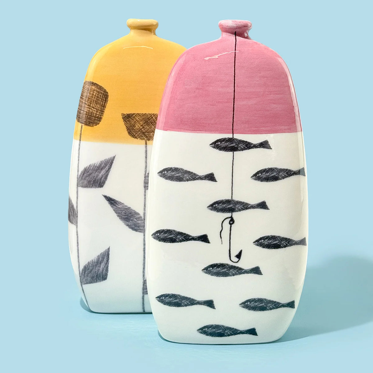 Hand-Painted Fables Ceramic Bottle Vases, Made in Naples
