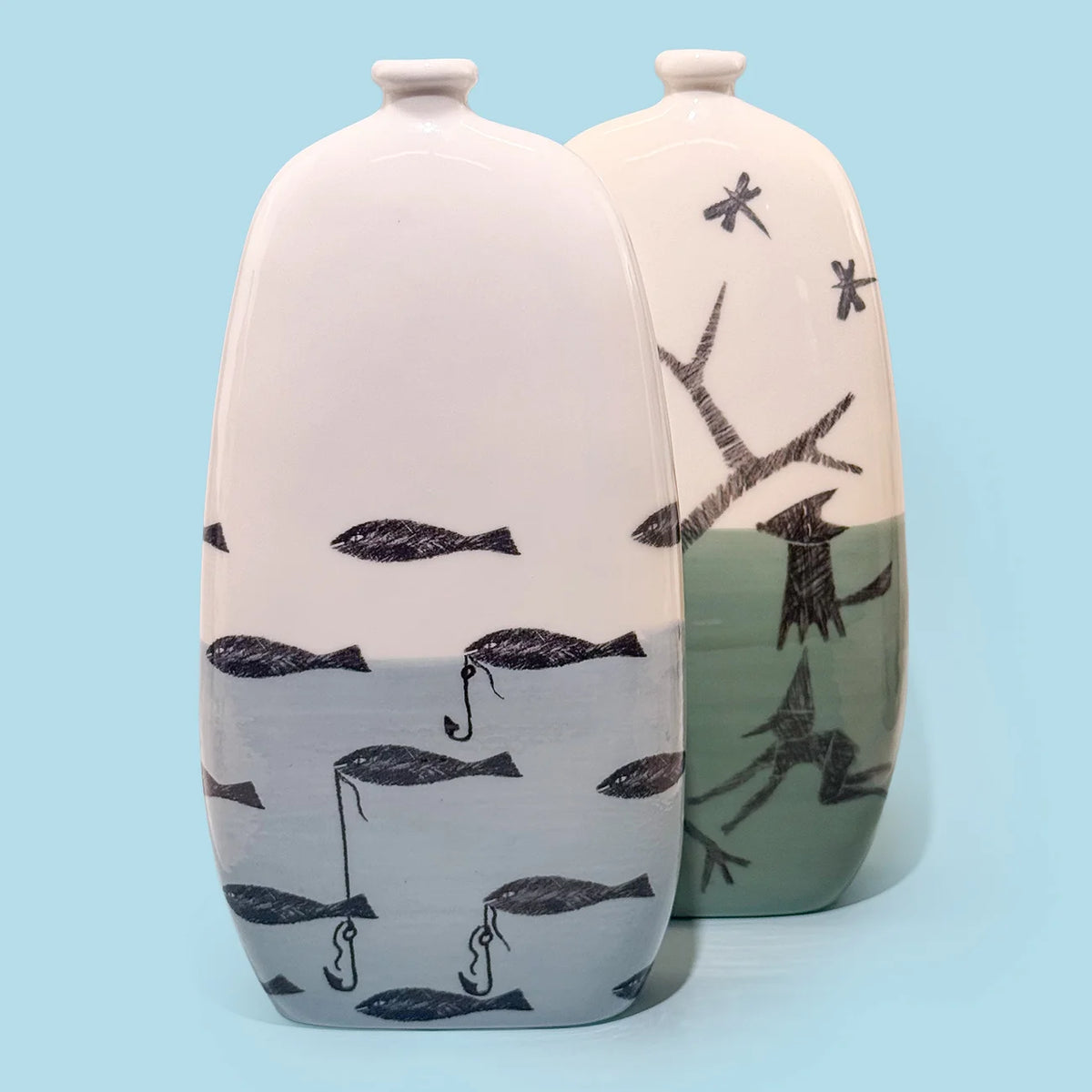 Hand-Painted Fables Ceramic Bottle Vases, Made in Naples