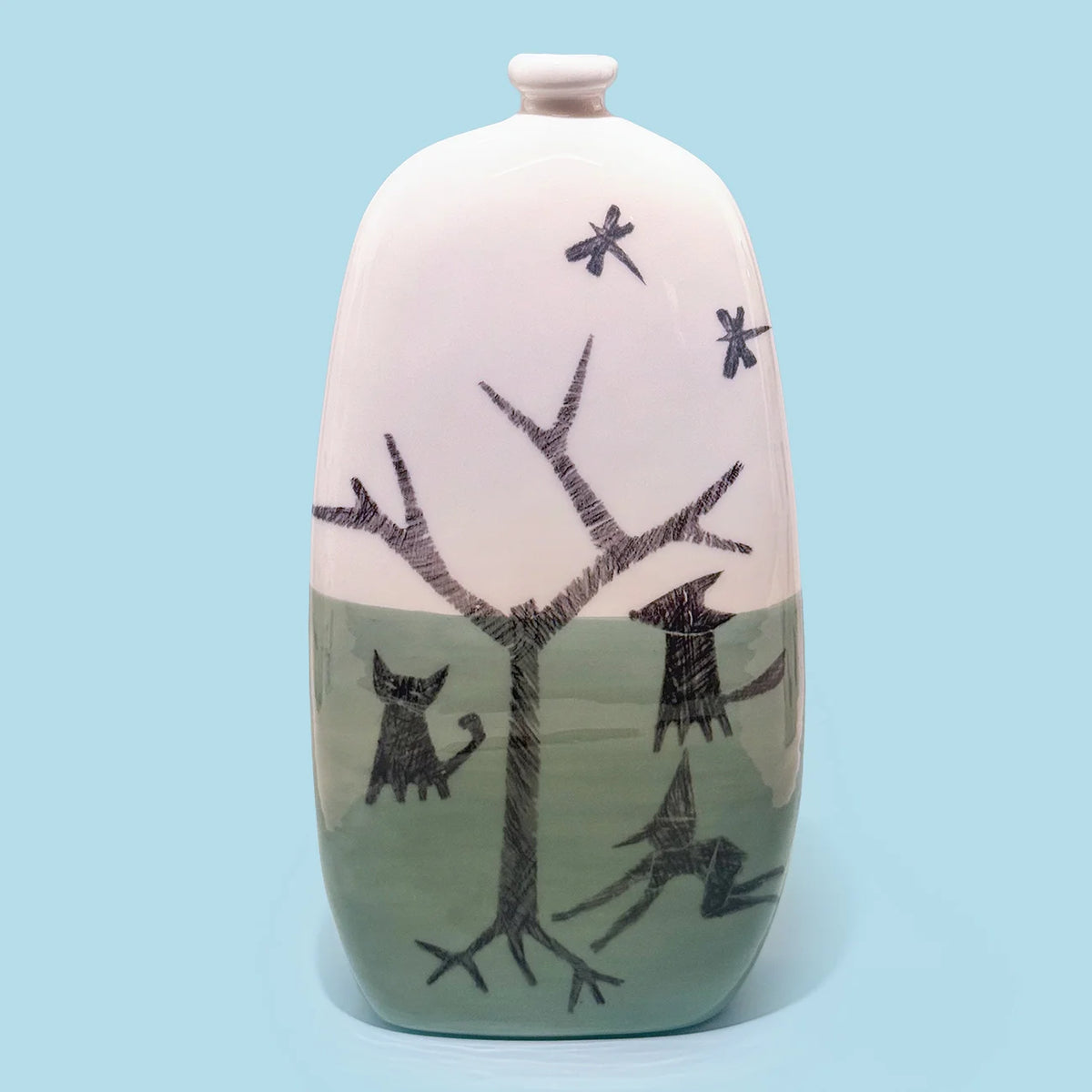 Hand-Painted Fables Ceramic Bottle Vases, Made in Naples