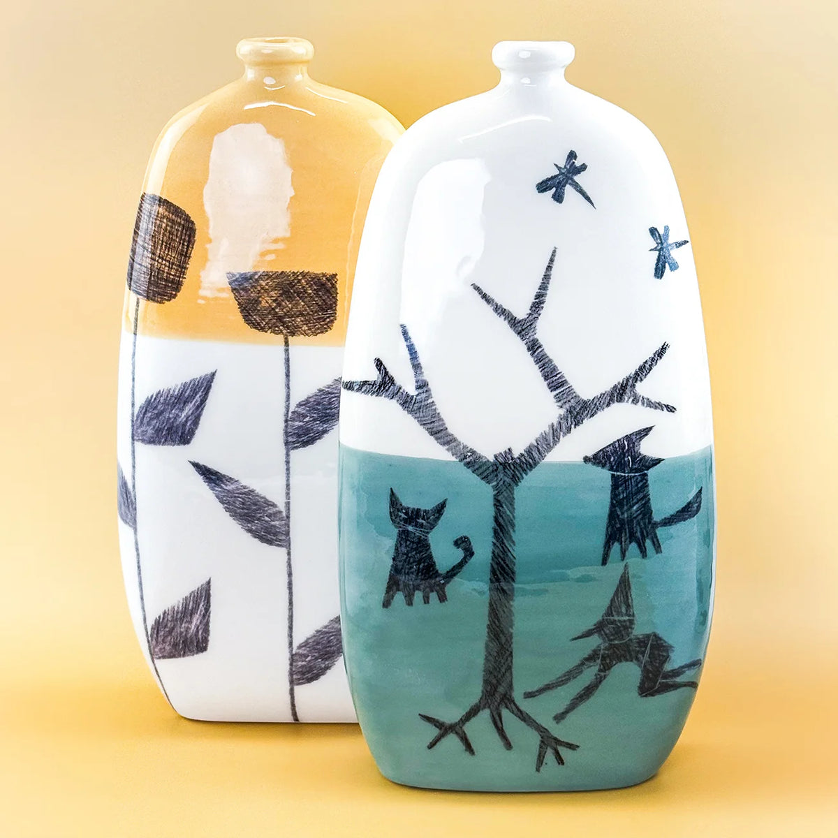 Hand-painted Fables ceramic bottle vases by My Italian Decor, featuring colorful designs, made in Naples for home and garden decor.