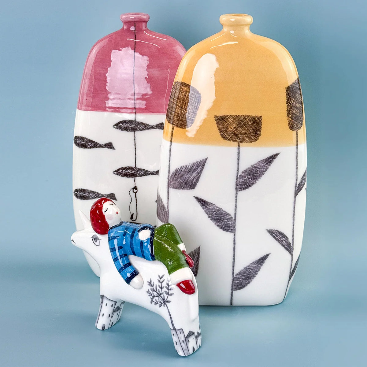 Hand-painted Fables ceramic bottle vase by My Italian Decor, featuring traditional designs, perfect for home and garden decor.