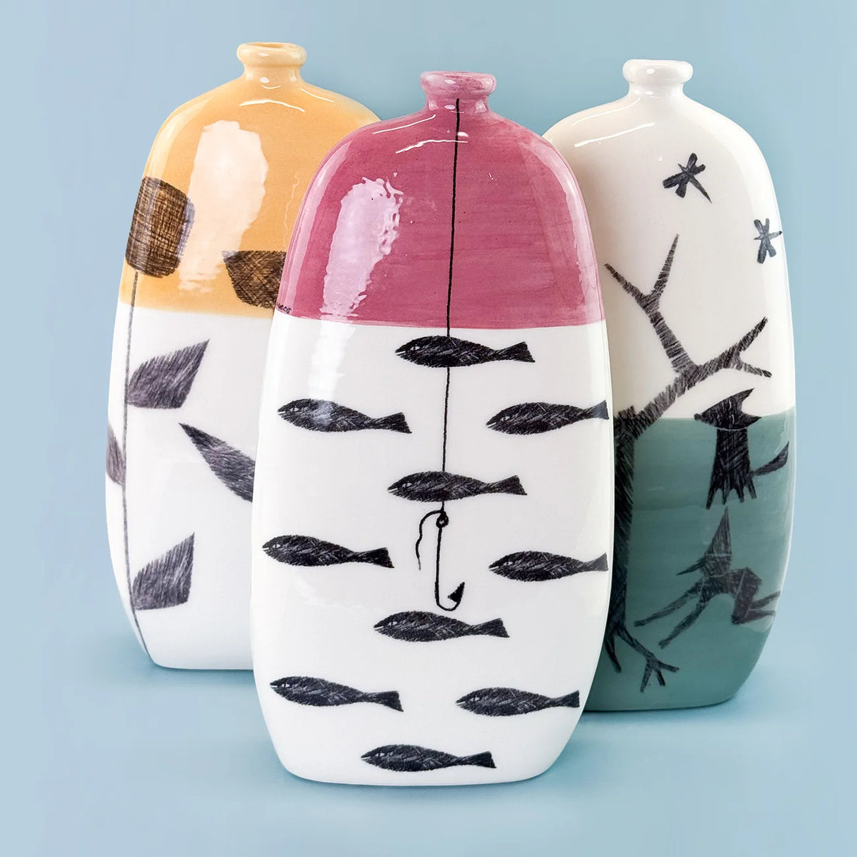 Hand-painted ceramic bottle vases from My Italian Decor, featuring colorful fable designs, made in Naples for home and garden decor.