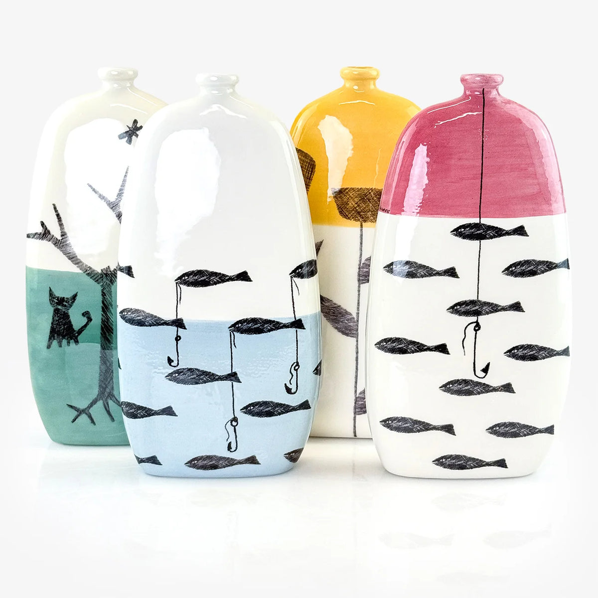 Hand-painted Fables ceramic bottle vase by My Italian Decor, decorative home and garden piece made in Naples.