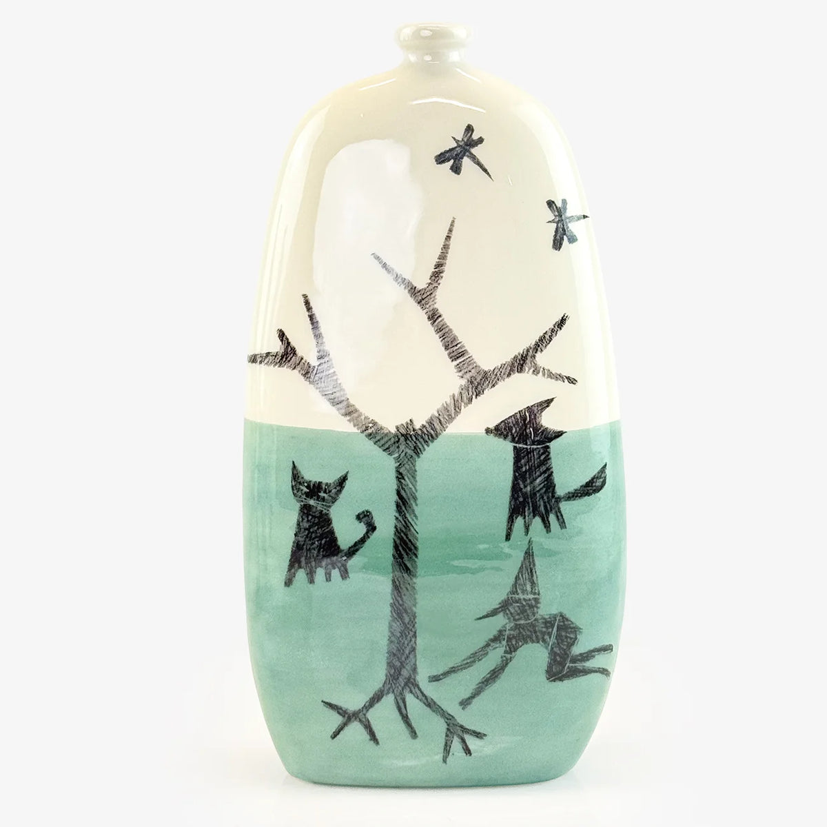 Hand-painted Fables ceramic bottle vases by My Italian Decor, featuring colorful designs, crafted in Naples for home decor.