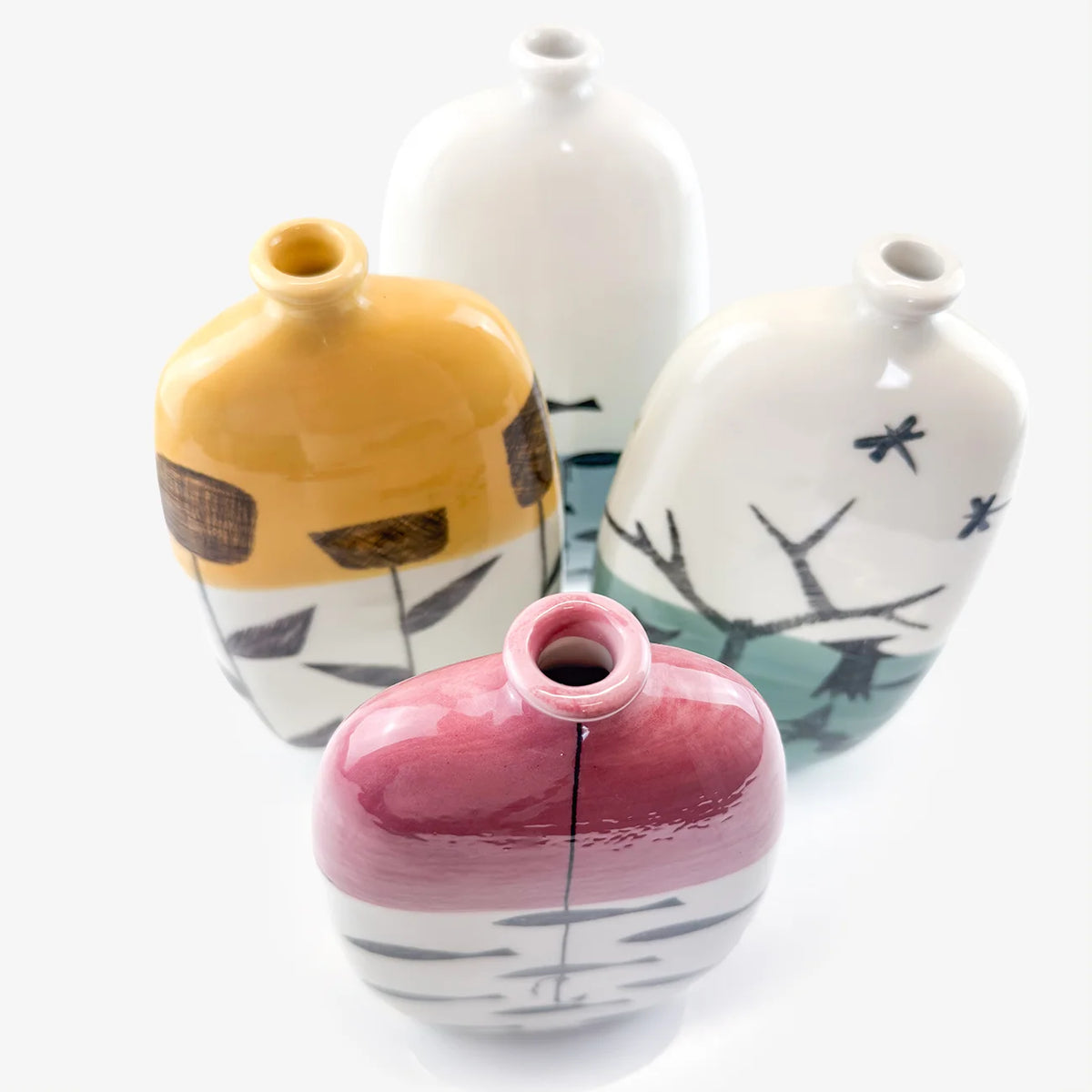 Hand-painted Fables ceramic bottle vases by My Italian Decor, featuring colorful designs, made in Naples for home and garden decor.
