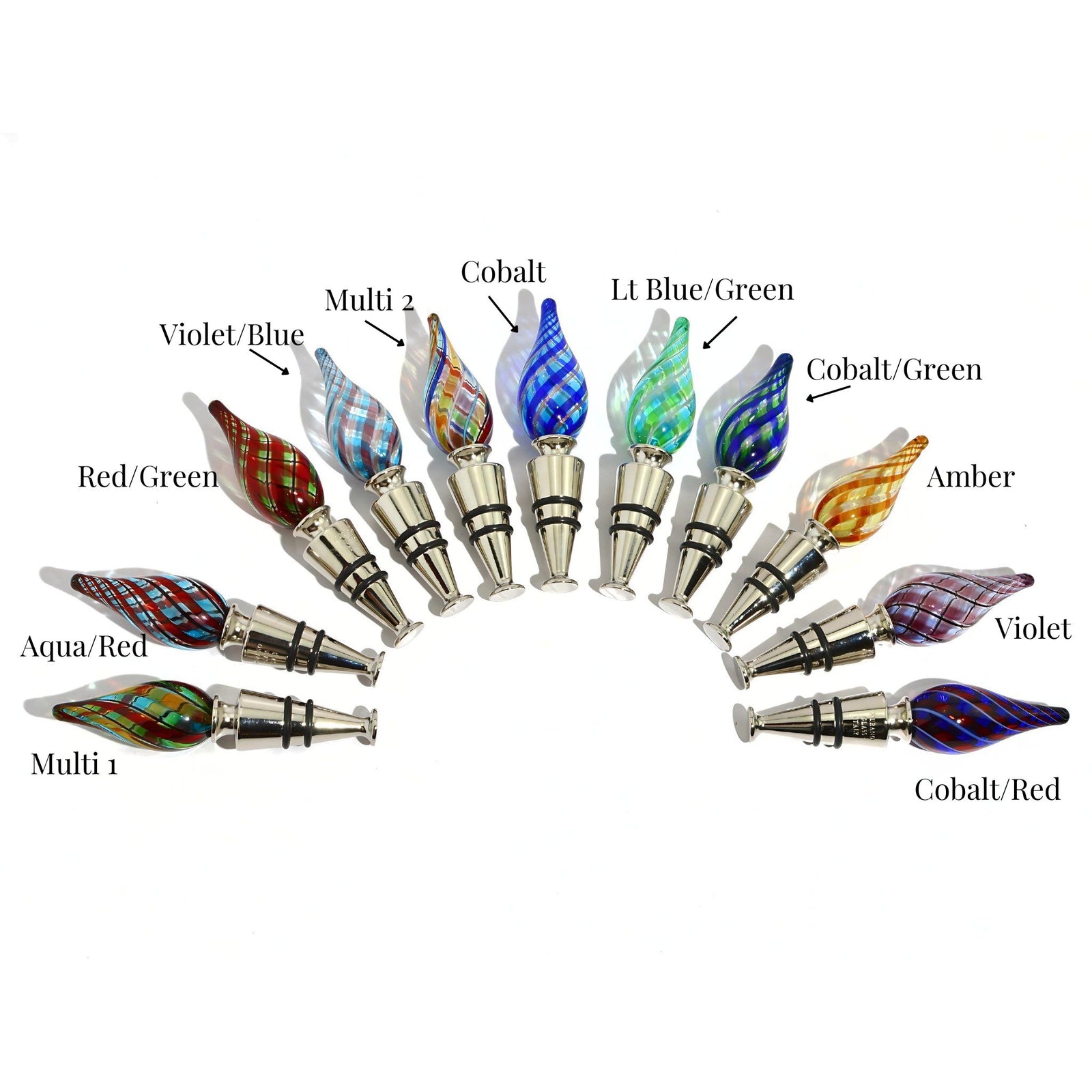 Handblown Fiamma Murano glass filigrana wine stopper with spiral design, used as a decorative bottle stopper and wine saver.