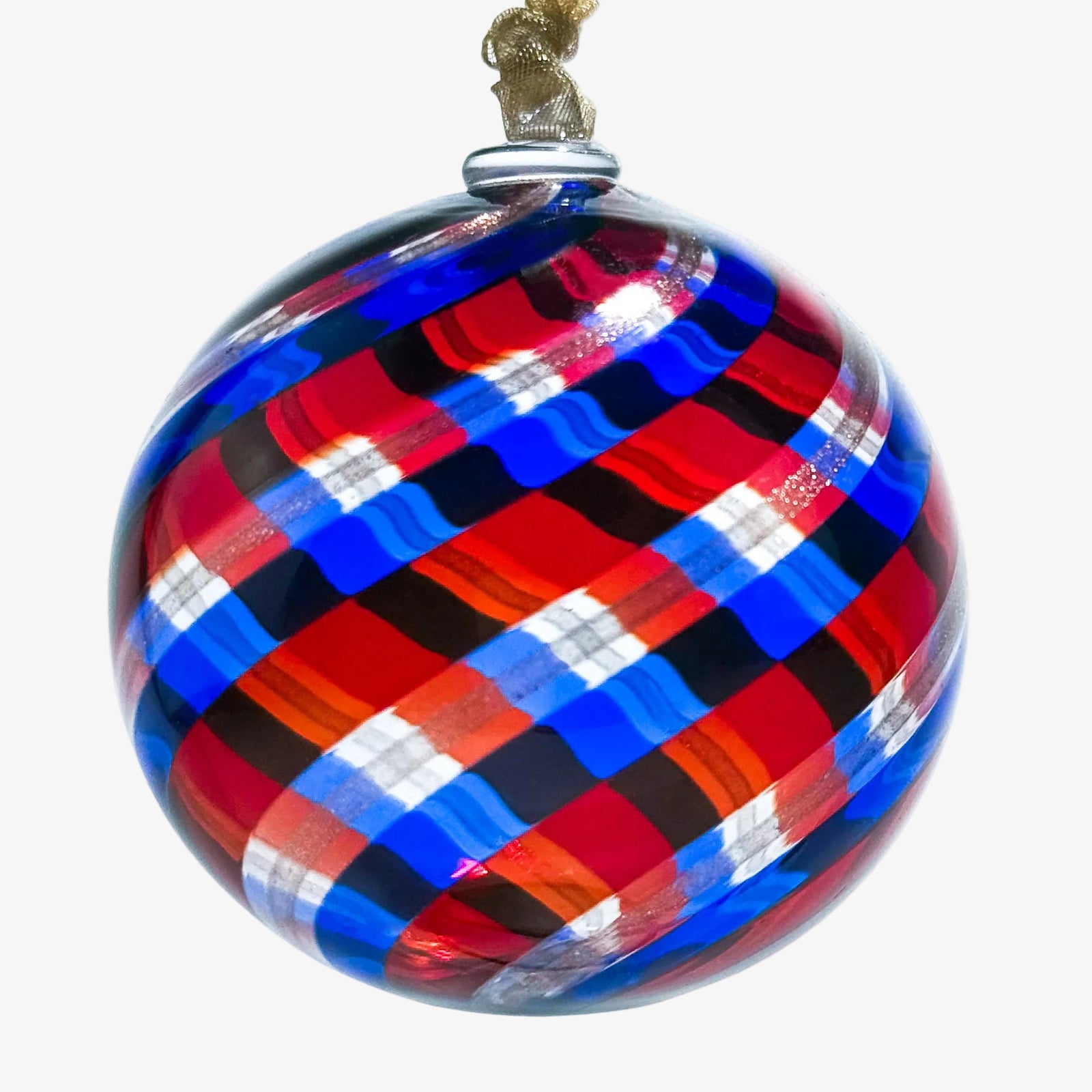 Medium Murano Glass Christmas Ornament with round filigrana design, handcrafted in Murano, Italy, perfect for holiday decor.