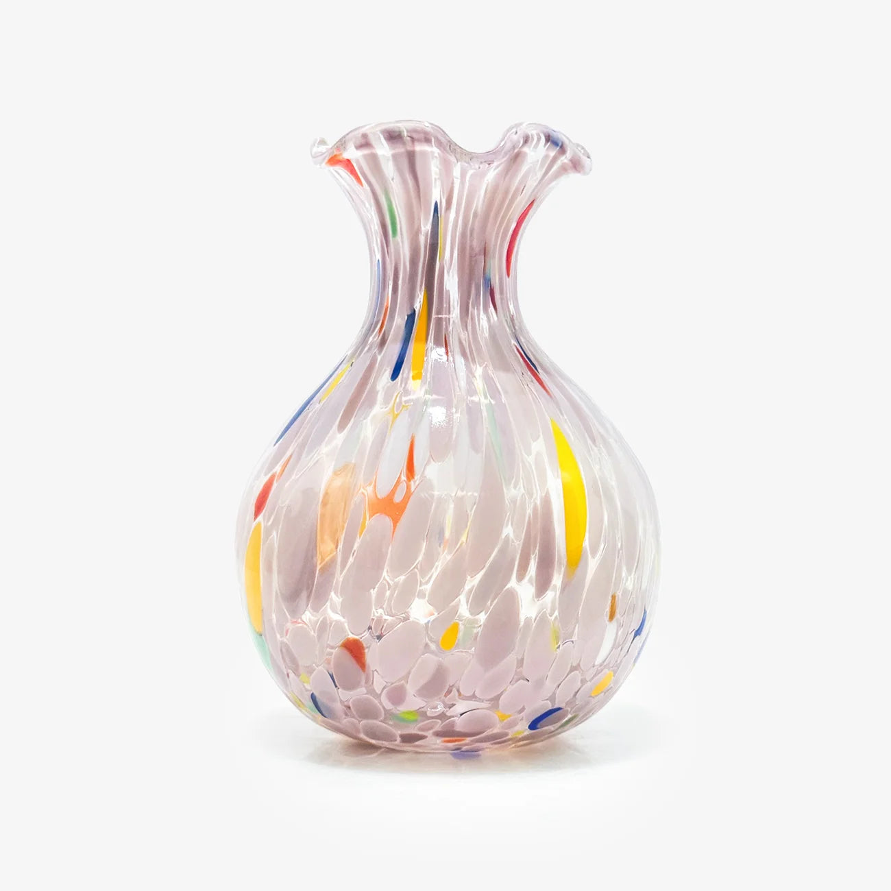 Five hand-blown glass vases in assorted colors and patterns, displayed on white textured blocks against a light gray background.