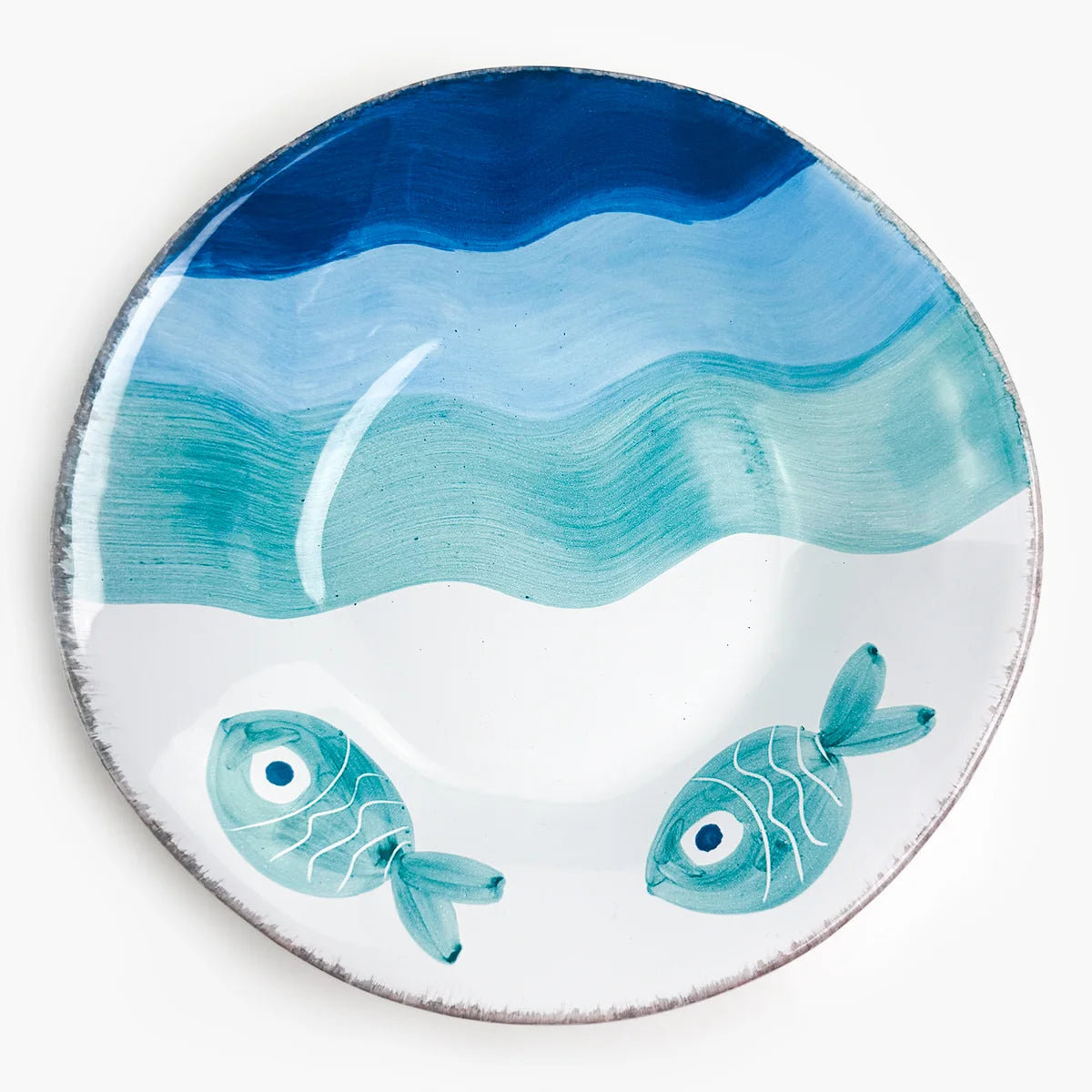 Set of two Fish Design Tuscan ceramic dinner plates and pasta bowls by My Italian Decor, featuring hand-painted fish motifs.