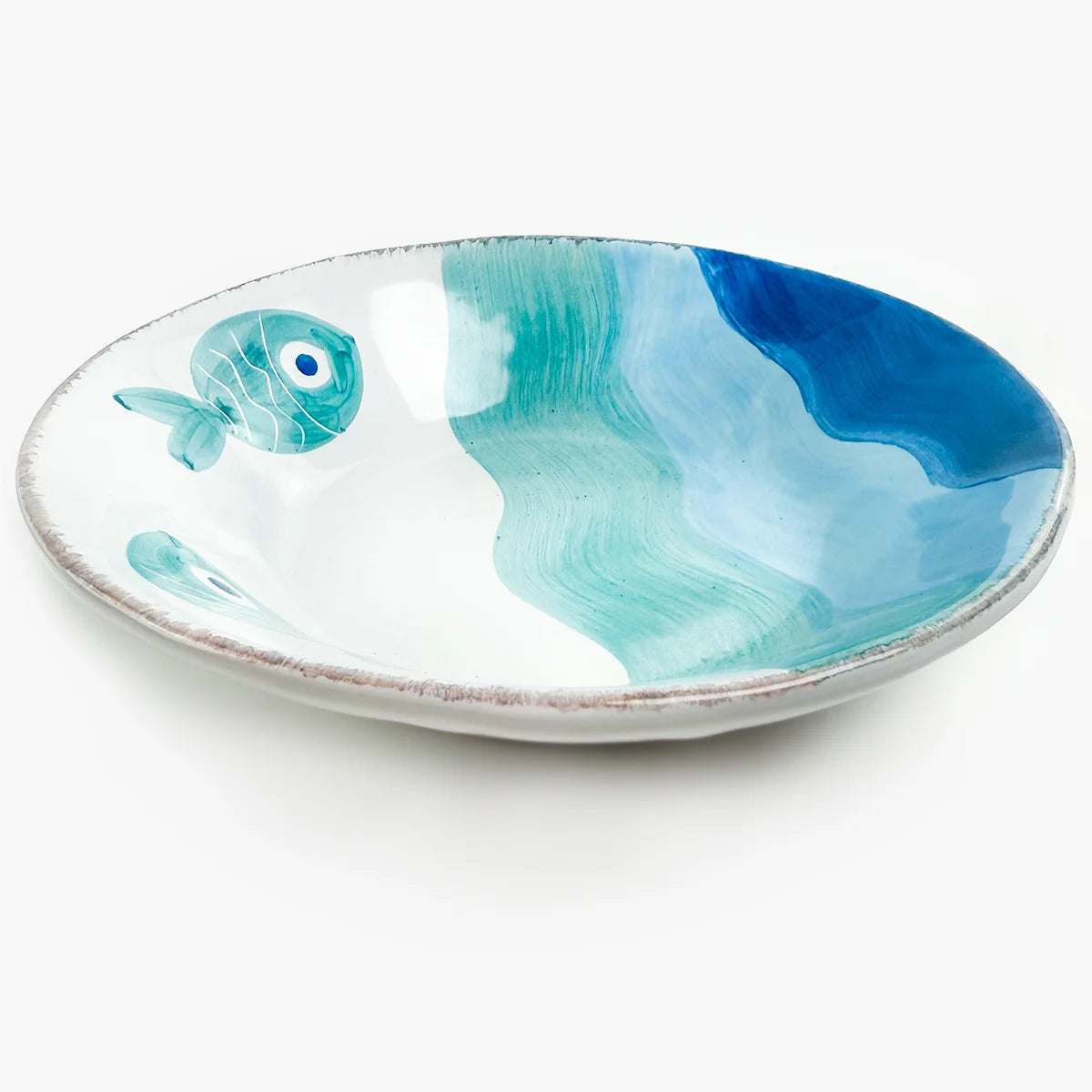 Fish design Tuscan ceramic dinner plates and pasta bowls set by My Italian Decor, featuring detailed fish artwork on Italian-made ceramics.