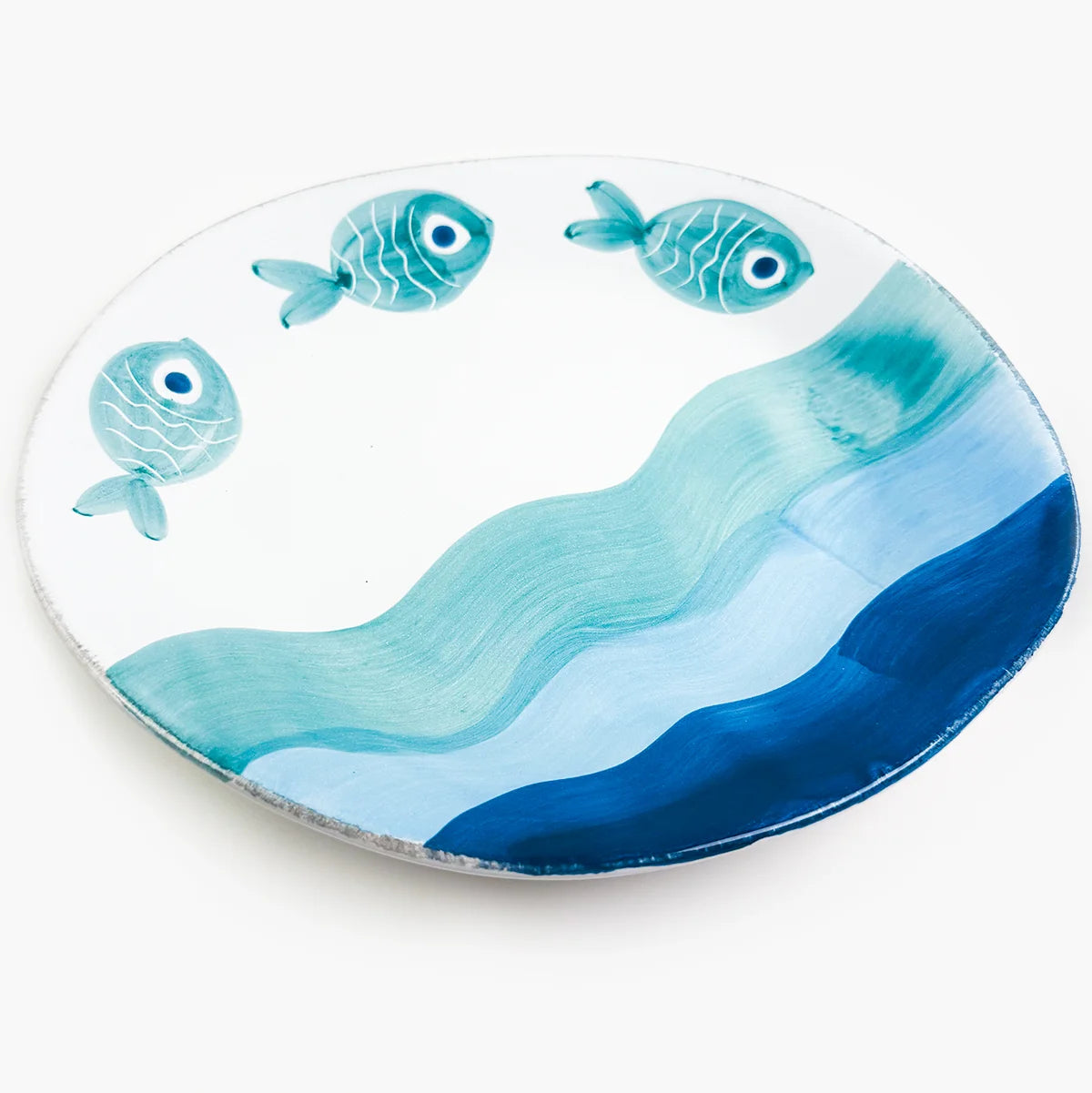 Set of two Tuscan ceramic dinner plates and pasta bowls with fish design by My Italian Decor, made in Italy.