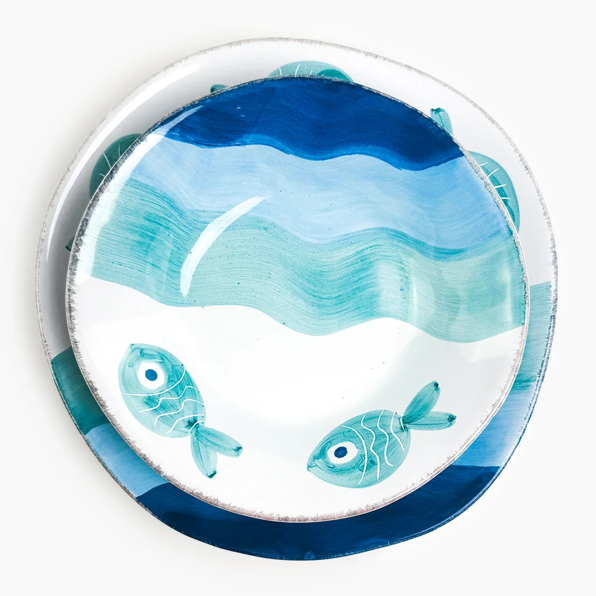 Fish design Tuscan ceramic dinner plates and pasta bowls by My Italian Decor, set of 2, featuring handcrafted fish motifs.