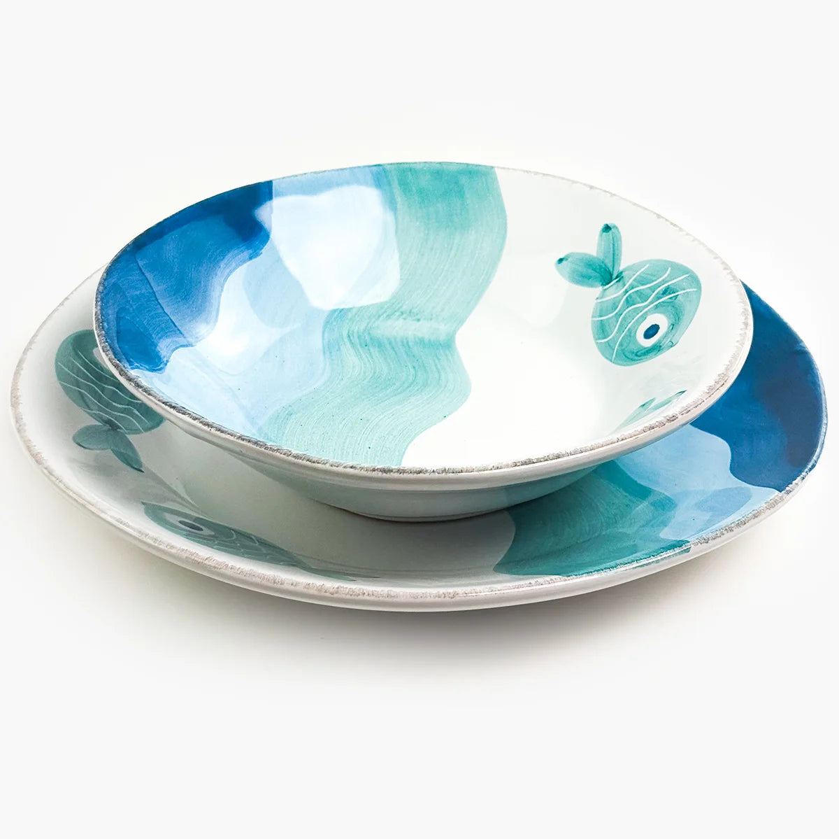 Fish design Tuscan ceramic dinner plates and pasta bowls set by My Italian Decor, featuring vibrant fish motifs and handcrafted details.