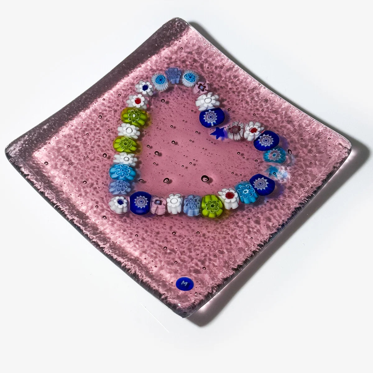 Murano Glass 4 inch Flat Catch-all Millefiori Dish - Heart Design