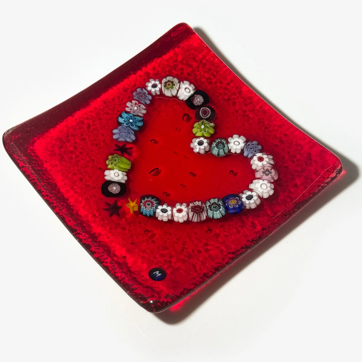 Murano Glass 4 inch Flat Catch-all Millefiori Dish - Heart Design